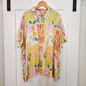VENEZIA Vitale Button Shirt, Size 3X, Pink Green Flamingo Palm Tree Print